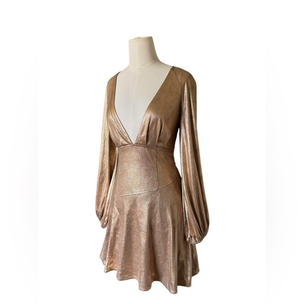 FREE PEOPLE | Good As Gold Foil Metallic Holiday Tie Wrapped Plunge Mini Dress 4 - Picture 5 of 7